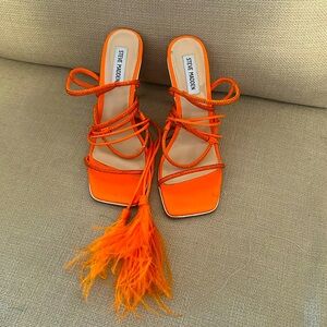 Steve Madden orange rhinestoned high heeled sandals with feather tassels